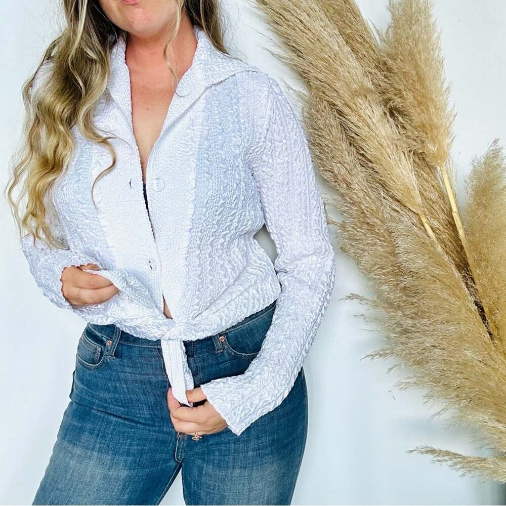 VINTAGE White Textured Long Sleeve Clear Button Down Blouse Shirt Sweater Top S